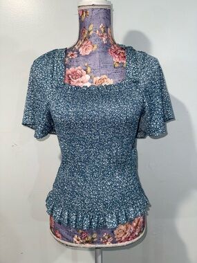 Smocked Square-Neck Blue Floral Women's Top